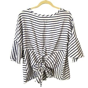 Express Tie Back Blue White Striped Bell Sleeve Crewneck‎ Top w Cutout